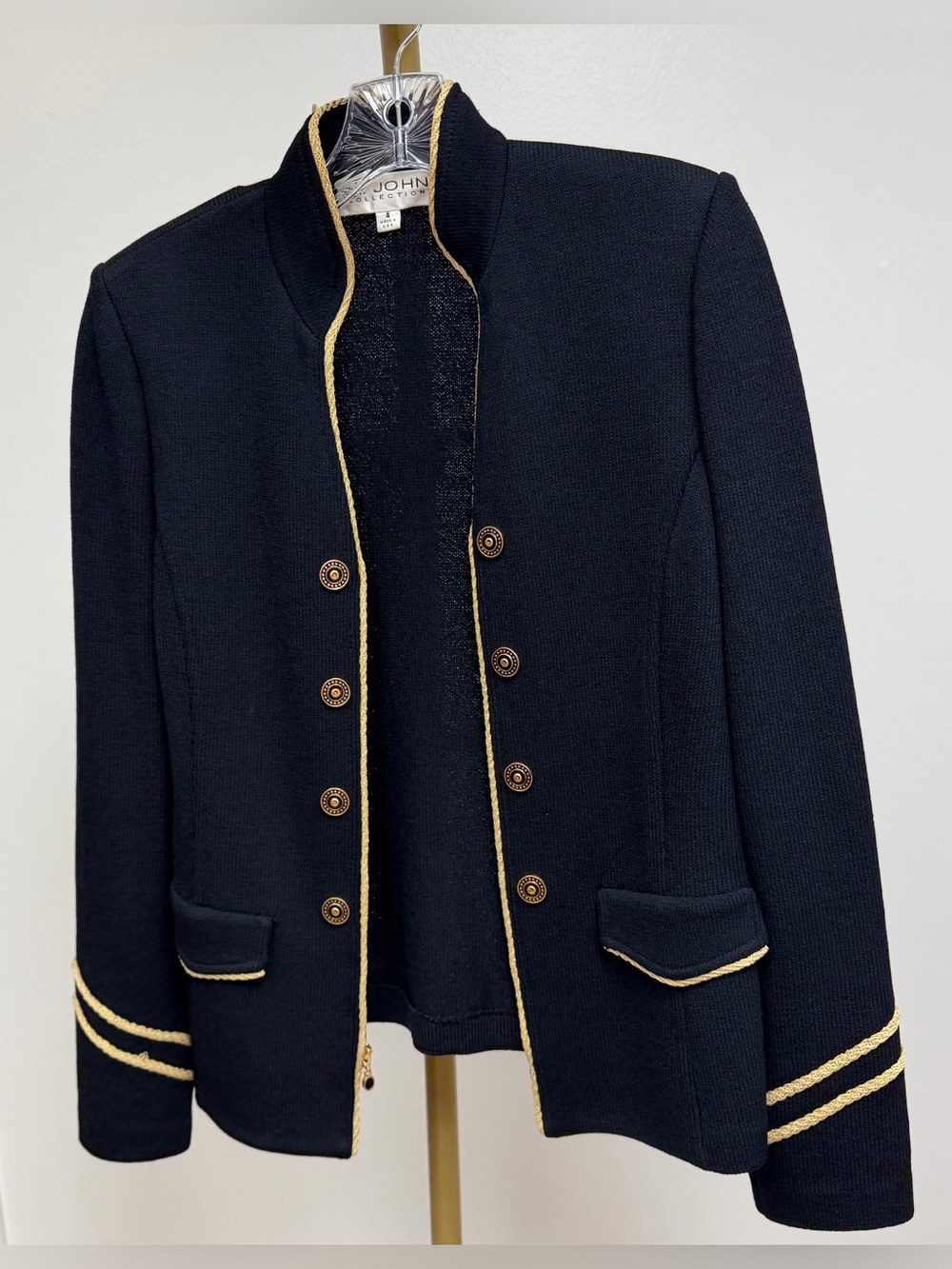 St. John Black Knit Blazer with Gold Braid Trim Size 4 - Picture 2 of 6